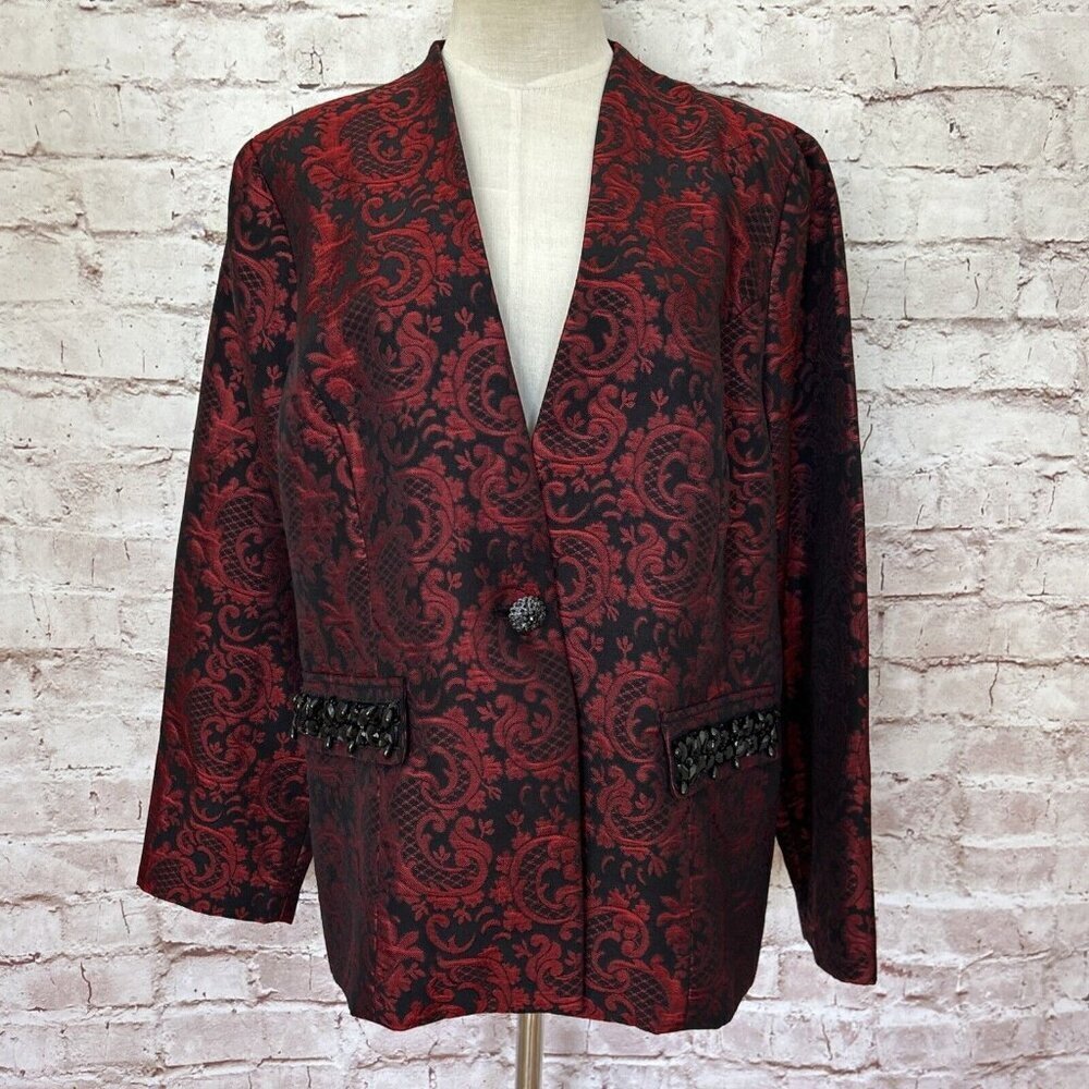Chico's Dressy Brocade Blazer Jacket Renaissance Red Floral Beaded Elegant L NEW